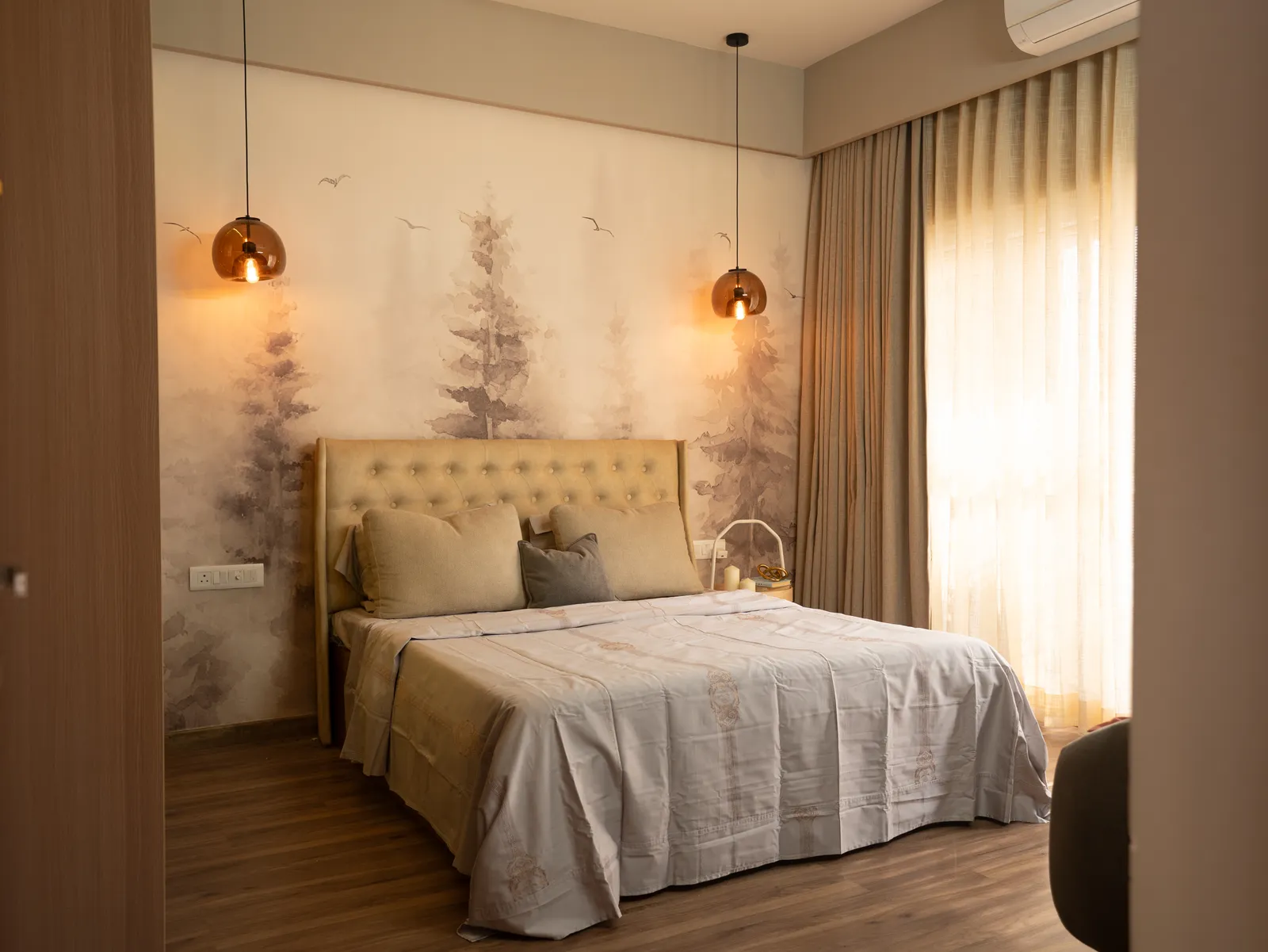 Bedroom with forest wallpaper and pendant bedside lights — Amlan's Residence
